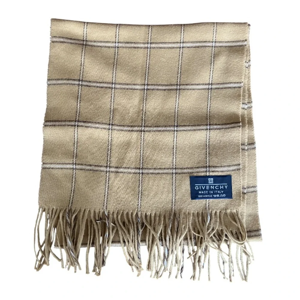 GIVENCHY Made in Italy ACRYLIC KNIT SCARF Unisex Men's TAN PLAID Fringe Trim